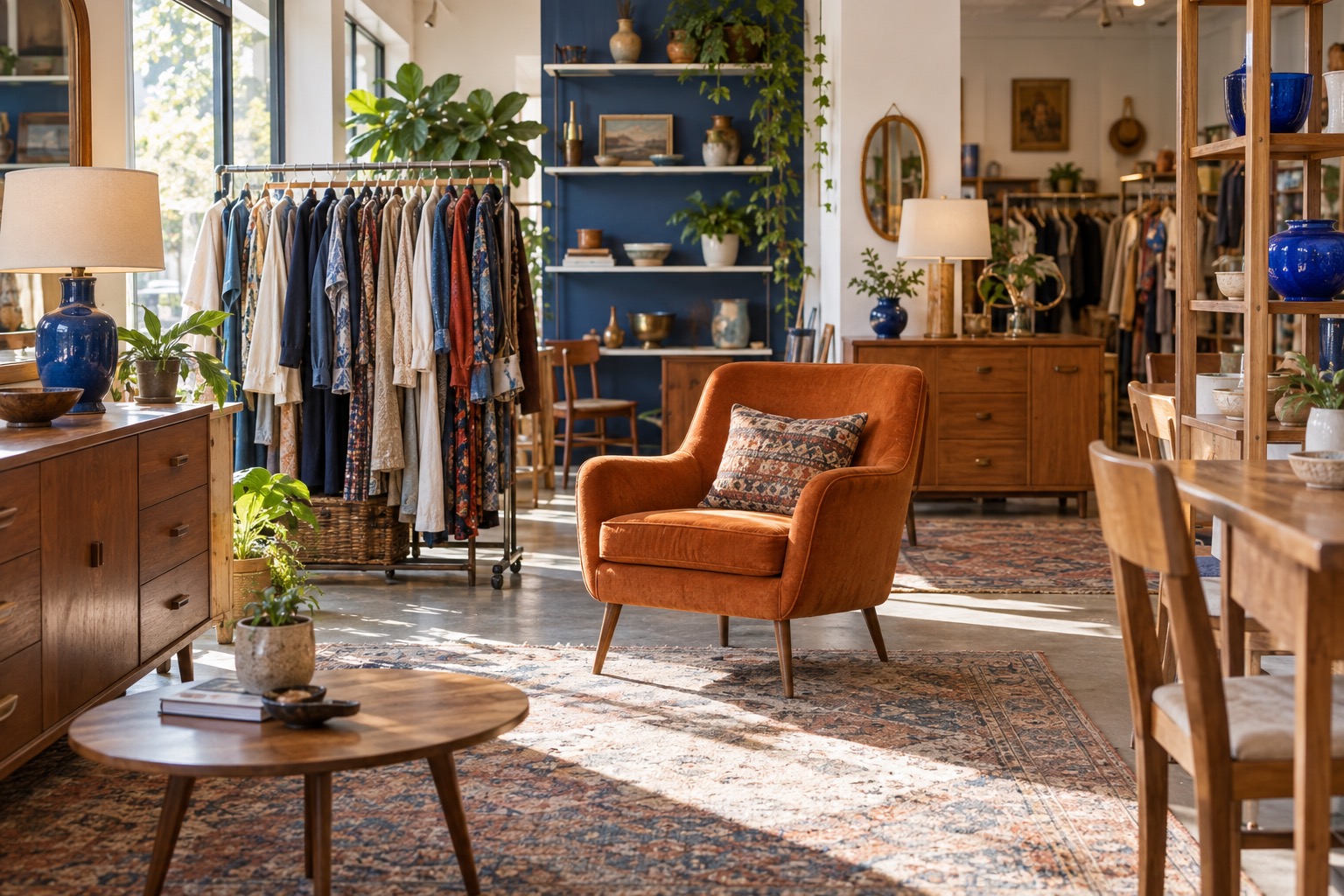 Illustrative secondhand shop interior with furniture and clothing